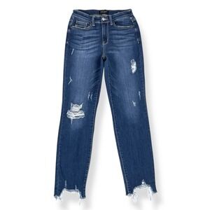Judy Blue Jeans Women 3/26 (ACTUAL 26x28) Blue Slim Fit Raw Cuffs Distressed
